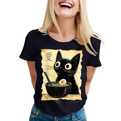 Cat Ramen Lustige Grafik Tees Katze Anime T Hemd Teenager Klamotten (Black, L) von Generisch
