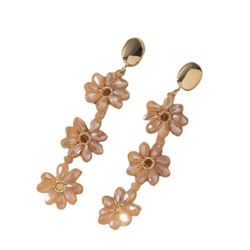 Champagner 3 Blumen Perlen Lange Quasten Ohrringe, Sommer Statement Boho Perlen Lange Fransen Tropfen Baumeln Kronleuchter Ohrringe für Frauen Sommer Urlaub Schmuck von Generisch