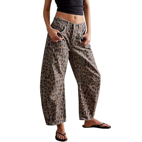 Cheetah Barrel Jeans Damen, Jeans mit Leopardenmuster für Damen, Boyfriend-Jeans, Haremshose, Y2k Mid Rise Baggy Jeans (DE/NL/SE/PL, Alphanumerisch, XL, Regular, Regular, Khaki Leopard) von Generisch