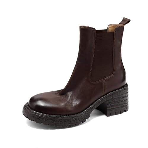 Chelsea Boots Damen Leder Winter Stiefeletten mit Blockabsatz Weiches Lammfellfutter Wasserdicht Bequem Elegant (Braunes Leder,38) von Generisch