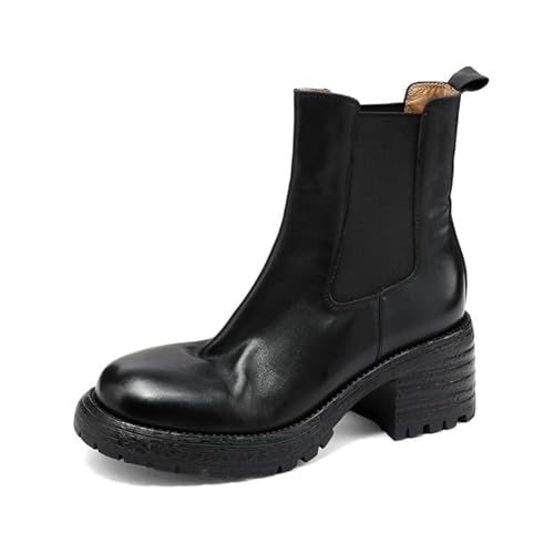Chelsea Boots Damen Leder Winter Stiefeletten mit Blockabsatz Weiches Lammfellfutter Wasserdicht Bequem Elegant (Schwarzer Piri,36) von Generisch