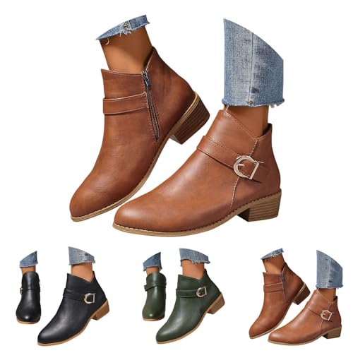 Chelsea Stiefel Damen Lederstiefel Herbst Spitz Zehe Block Heels Stiefeletten Einfarbig Vintage Elegant Mit Schnallen Kurzstiefel Outdoor Casual Damenstiefel Mit Seitlichem Reißverschluss,34-41 Eu von Generisch
