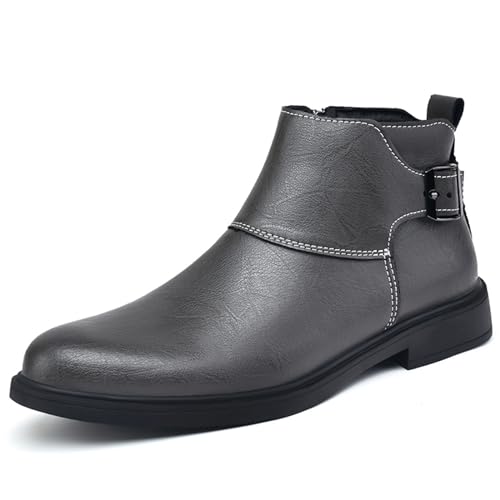 Chelsea-Stiefel für Herren, echtes Leder, spitzer Zehenbereich, verstellbare Schnalle, Innenreißverschluss, grauer Plüsch, 44 EU Chelsea-Stiefel für Herren, echtes Leder, spitzer Zehenbereich, verstellbare Schnalle, Innenreißverschluss, grauer Plüsch, 44 EU von Generisch