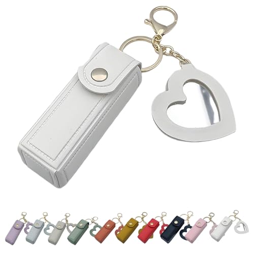 Cherishty Lip Oil Keychain, Lip Oil Keychain - Mirror & Oil2-in-1, PU Leather Mini Lipstick Holder with Key Chains for Woman Travel Storage Portable Case (White) von Generisch
