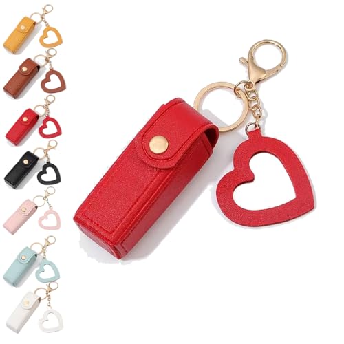 Cherishty Lip Oil Keychain,Women Lip Oil Keychain - Mirror & Oil 2-in-1, Mini Lipstick Case with Keychains & Heart Pendant (Red) von Generisch