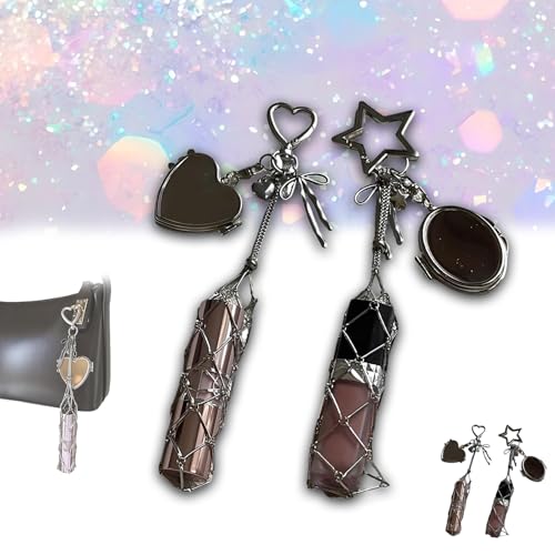 Chic Lip Gloss Holder with Heart Mirror, 2‑in‑1 Lipstick Holders for Purse, Personalized Lip Balm Case Charms, Keychain Lipgloss, Small Bling Crystal Lipsticks Storage Bag Key Chain (All) von Generisch