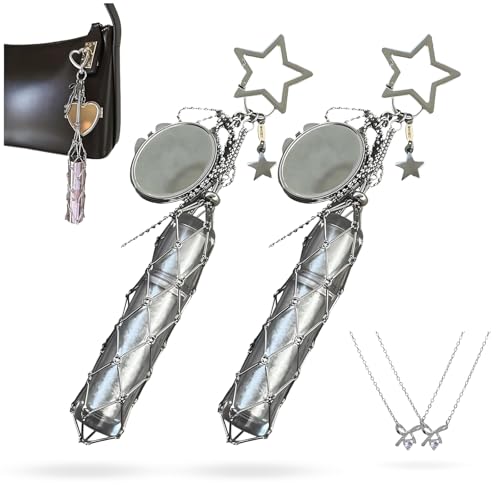 Chic Lip Gloss Holder with Heart Mirror, 2 in 1 Stainless Steel Lipstick Holder, Small Bling Crystal Lipsticks Storage Bag Key Chain, Fashion Purse Accessories Gifts (Star,2Pcs) von Generisch