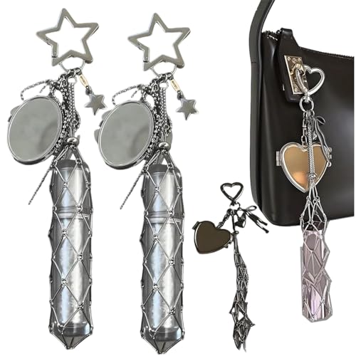 Chic Lip Gloss Holder with Mirror,2 in 1 Lipstick Holder Keychain,Small Bling Crystal Lipsticks Storage Bag Key Chain,Stainless Steel Mesh Bag Keychain Pendant (2pcsFive-Pointed Heart) von Generisch
