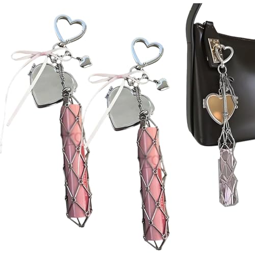 Chic Lip Gloss Holder with Mirror,2 in 1 Lipstick Holder Keychain,Small Bling Crystal Lipsticks Storage Bag Key Chain,Stainless Steel Mesh Bag Keychain Pendant (2pcsHeart) von Generisch