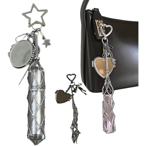 Chic Lip Gloss Holder with Mirror,2 in 1 Lipstick Holder Keychain,Small Bling Crystal Lipsticks Storage Bag Key Chain,Stainless Steel Mesh Bag Keychain Pendant (Five-Pointed Heart) von Generisch