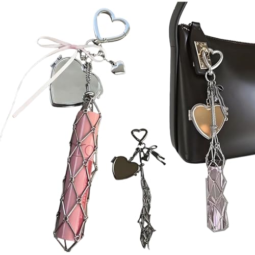 Chic Lip Gloss Holder with Mirror,2 in 1 Lipstick Holder Keychain,Small Bling Crystal Lipsticks Storage Bag Key Chain,Stainless Steel Mesh Bag Keychain Pendant (Heart) von Generisch