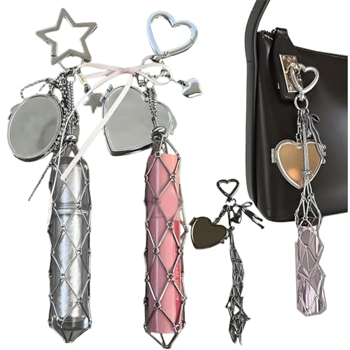 Chic Lip Gloss Holder with Mirror,2 in 1 Lipstick Holder Keychain,Small Bling Crystal Lipsticks Storage Bag Key Chain,Stainless Steel Mesh Bag Keychain Pendant (Heart+Five-Pointed Heart) von Generisch
