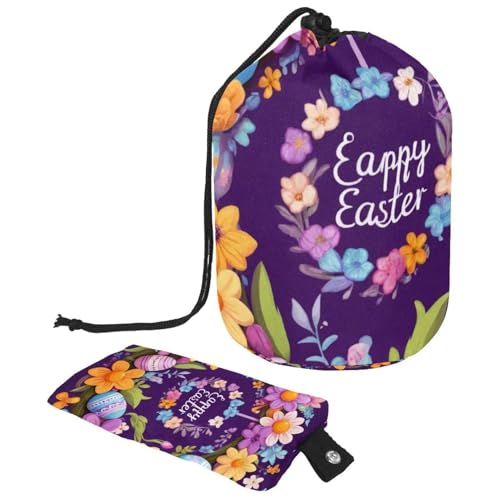 Chic Wasserdichte Make-up-Tasche mit Kordelzug für Damen, ideal zum Aufbewahren und Schützen Ihrer Make-up-Kollektion, lila Frohe Ostern Kranz, mehrfarbig, 9.9x6.9in/25.2x17.6cm;6x3.5in/15.2x8.8cm von Generisch