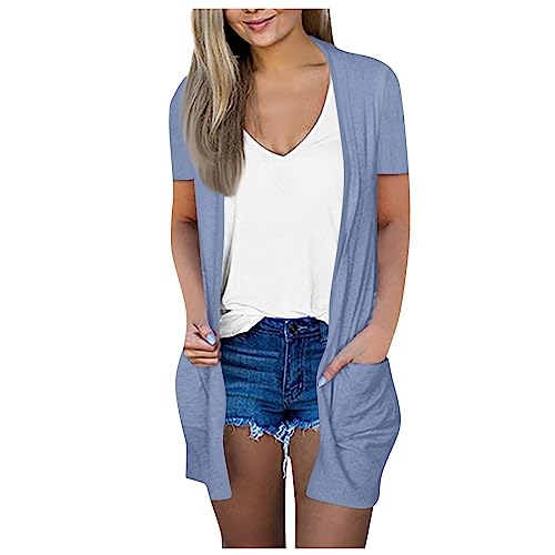 Chiffon Bluse Damen Sommer Cardigan Damen Leicht Damen Große Größen Leichte Damenweste Strickjacke Sommer Damen Leicht Kurzarm Blazer Sommer Cardigan Damen Blazer Lang,Light Blue,M von Generisch