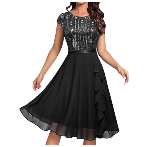 Chiffonkleid Damen Große Größen Damen Kurzarm Braut Fre Kleid für Hochzeit Spitze Chiffon mittellang Formales Abendkleid Kleider Festlich Langes Arm A Linie Atmungsaktives Leichtes (Black, S) von Generisch