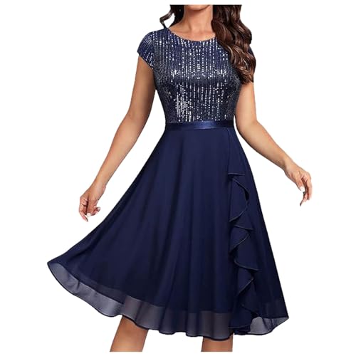 Chiffonkleid Damen Große Größen Damen Kurzarm Braut Fre Kleid für Hochzeit Spitze Chiffon mittellang Formales Abendkleid Kleider Festlich Langes Arm A Linie Atmungsaktives (Dark Blue, XL) von Generisch