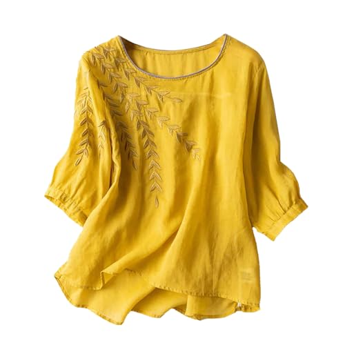 Chinesisch inspirierte Leinenbluse für Damen, 2025 Retro bestickte Tunika, lockere Passform, kurzärmelig, Boho-Top mit orientalischen Motiven, gelb, M Chinesisch inspirierte Leinenbluse für Damen, 2025 Retro bestickte Tunika, lockere Passform, kurzärmelig, Boho-Top mit orientalischen Motiven, gelb, M von Generisch