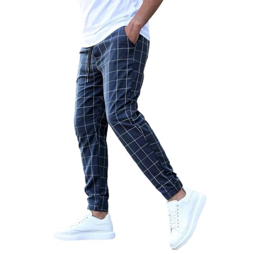 Chino Hose Herren Slim Fit Stretch Freizeithose Herren Lang Leicht Dünn Baumwolle Arbeitsjeans Karierte Elastische Hosen Zugband Wanderhose Basic Trekkinghose Atmungsaktive Loungehose Jogginghose von Generisch