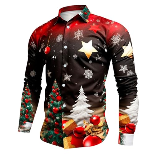 Christmas Sweater Weihnachten Muster 3D Bedruckte Hemd Weihnachten Sweatshirt Hemd Lustige Knöpfbar Hemd Outdoor Langarm Slim Fit Stehkragen Bügelfrei Männer Freizeithemd von Generisch