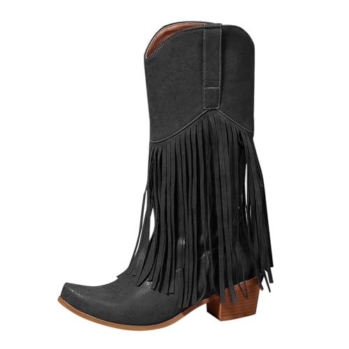 Chunky Heeled Boots Elegant Spitze Keilabsatz Fransenstiefel Bequem Gefüttert Breite Fuße Westernstiefel Winter Dicke Rutschfest Kurzstiefel Wasserdicht Slip on Hippiestiefel Schwarz 39 von Generisch