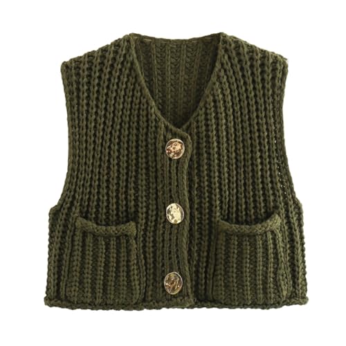 Chunky Sweater Vest Women Button Up, Knit Sweater Vest Tops Big Gold Buttons, Crochet Sleeveless Sweater, Crop Knit Cardigan (Army-Green,L) von Generisch