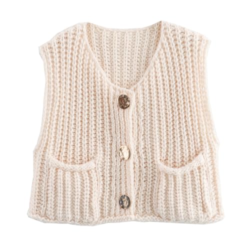 Chunky Sweater Vest Women Button Up, Knit Sweater Vest Tops Big Gold Buttons, Crochet Sleeveless Sweater, Crop Knit Cardigan (Beige,M) von Generisch