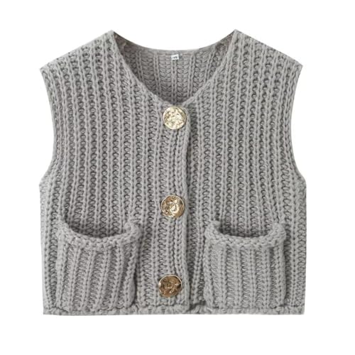 Chunky Sweater Vest Women Button Up, Knit Sweater Vest Tops Big Gold Buttons, Crochet Sleeveless Sweater, Crop Knit Cardigan (Grey,L) von Generisch