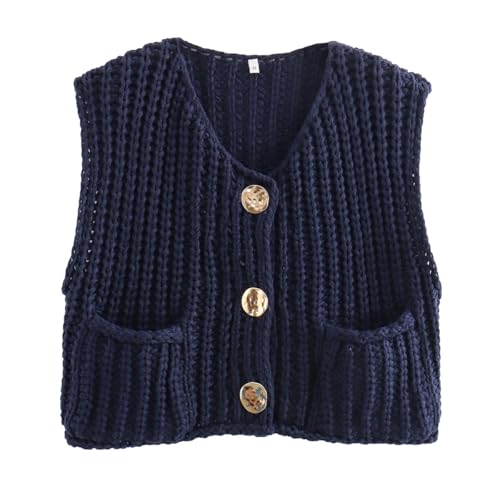 Chunky Sweater Vest Women Button Up, Knit Sweater Vest Tops Big Gold Buttons, Crochet Sleeveless Sweater, Crop Knit Cardigan (Navy,L) von Generisch