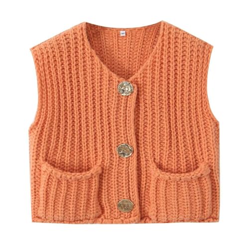 Chunky Sweater Vest Women Button Up, Knit Sweater Vest Tops Big Gold Buttons, Crochet Sleeveless Sweater, Crop Knit Cardigan (Orange,L) von Generisch