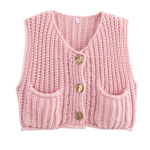 Chunky Sweater Vest Women Button Up, Knit Sweater Vest Tops Big Gold Buttons, Crochet Sleeveless Sweater, Crop Knit Cardigan (Pink,S) von Generisch