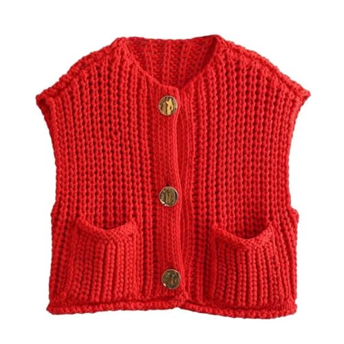 Chunky Sweater Vest Women Button Up, Knit Sweater Vest Tops Big Gold Buttons, Crochet Sleeveless Sweater, Crop Knit Cardigan (Red,M) von Generisch