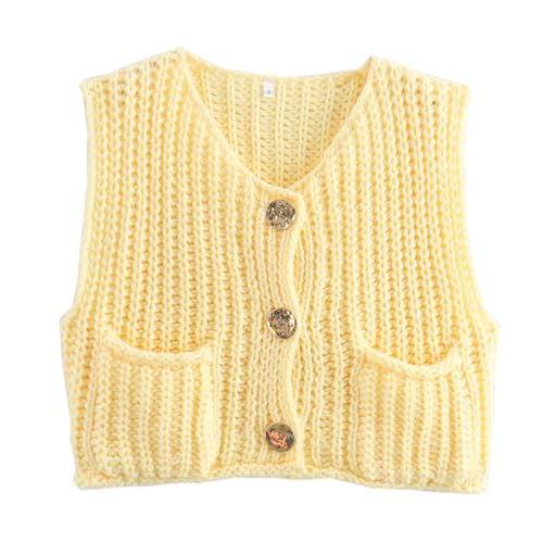 Chunky Sweater Vest Women Button Up, Knit Sweater Vest Tops Big Gold Buttons, Crochet Sleeveless Sweater, Crop Knit Cardigan (Yellow,S) von Generisch