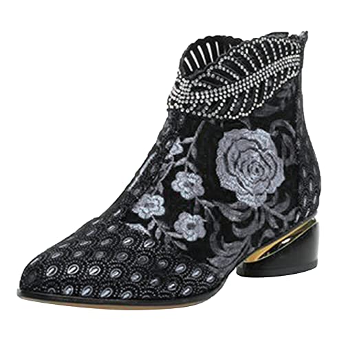 Classic Toe Spitze Kurze Stiefel Reißverschluss Schuhe High Heel Frauen Stickerei Frauen Stiefel (Black, 38) von Generisch