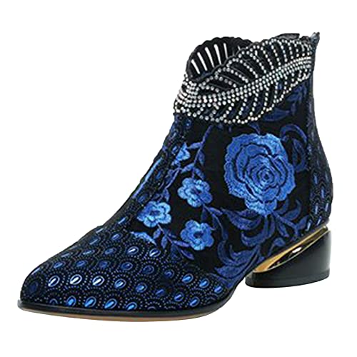 Classic Toe Spitze Kurze Stiefel Reißverschluss Schuhe High Heel Frauen Stickerei Frauen Stiefel (Blue, 37) von Generisch