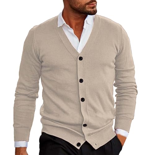 Clearance Herren Strickjacke Pullover Leichte Dünne Langarm V-Ausschnitt Strickwaren Pullover Sweater Warm Casual Einfarbig Strickpullover Base Layer Tops Übergangsjacken, beige, XXL von Generisch