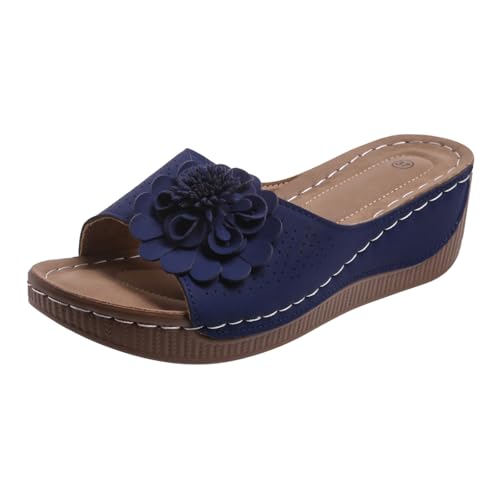 Clog-Hausschuhe für Damen, Keilabsatz, Fischmund, dicke Unterseite, leichte Hausschuhe, hohl, offener Zehenbereich, Blume, Outdoor, Urlaub, Strand, lässige Sandalen, dunkelblau, 37 EU von Generisch