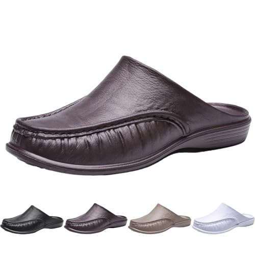 Clogs Herren Leder Geschlossen, Pantoffeln Herren Sommer Leicht Slip On Gartenschuhe Schlupfschuhe Elegant Schlappen Bequem Slippers Atmungsaktiv Strand Sandalen Freizeit Walking Schuhe von Generisch