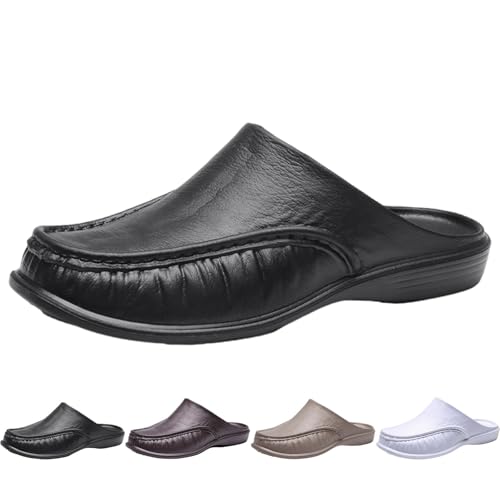 Clogs Herren Leder Geschlossen, Pantoffeln Herren Sommer Leicht pu-Leder Gartenschuhe Schlupfschuhe Elegant Schlappen Bequem Slippers Atmungsaktiv Strand Sandalen Freizeit Walking Schuhe von Generisch
