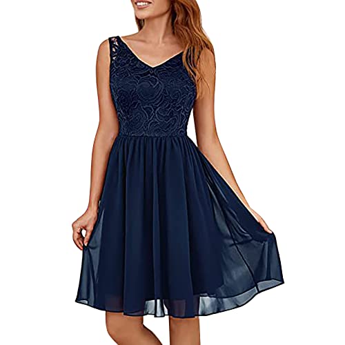 Cocktailkleid Damen Abendkleider Elegant für Hochzeit Kleid Hochzeitsgast Chiffon Ärmellos Spitzenkleid A Linie Rüschenkleid Knielang Brautjungfernkleid Schicke Brautkleider von Generisch