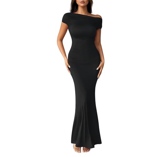 Cocktailkleid Damen Curvy Sexy Lang Abendkleider Damen Maxi Slope Schulter Silvester Abendkleid Elegant Für Hochzeit Festliche Kleider Damen Eng Lang Mit Ausgestellter Rock Partykleid mit Ärmel von Generisch