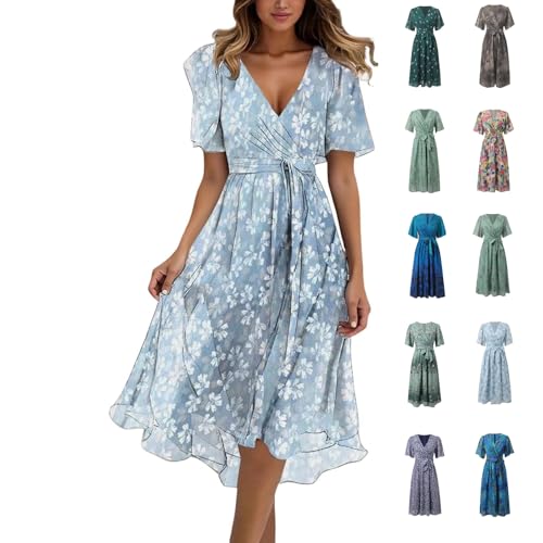 Cocktailkleid Damen Elegant Abendkleid Chiffon V-Ausschnitt Festliches Hochzeitsgast Kleid Brautjungfernkleider Ballkleid In Knielang mit Kurzarm Design für Sommer Hochzeit Jugendweihe Abschlusskleid von Generisch