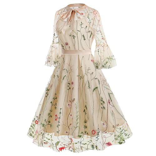 Cocktailkleid Damen Elegant Für Hochzeit Elegantes Durchsichtiges Mit Seegras Besticktes Vintage Hochzeitsgastkleid Mit Langen Ärmeln Und Rundhalsausschnitt Mit Schnürung Kleid Elegant Für Hochzeit von Generisch