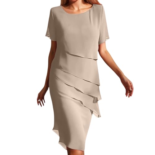 Cocktailkleid Damen Lang Chiffonkleid Damen Festlich Faltenkleid Patchwork Sommerkleider Elegant Hochzeitsgast Abendkleider Chiffon Kleider Rundhals Kurzarm Midikleid Freizeitkleid Partykleid von Generisch