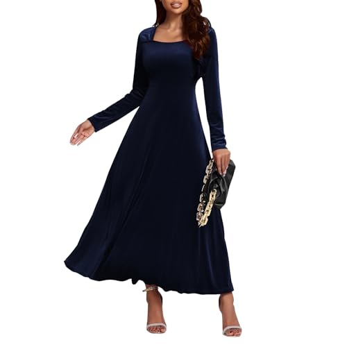 Cocktailkleid Damen Langarm Abendkleider Elegant Für Hochzeit Samtkleid Damen Lang Quadratischer Kragen Ballkleid Frauen Maxi A-Linien Abendkleid Samt High Waist Partykleid Einfarbig von Generisch