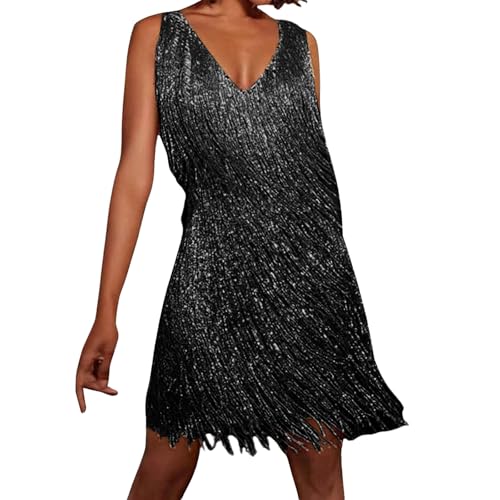 Cocktailkleid Damen Pailletten Fransen Kleid Gold Disco Outfit 70s Kostüm 20er Jahre Minikleid 1920s Kurz Tanzkleid Pailettenkleider Quasten Glitzer Cocktail Partykleid Abendkleid (Black, L) von Generisch