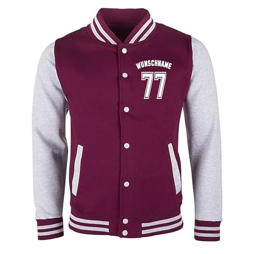 College Jacke mit Wunschnamen und Wunschnummer Damen Herren Kinder Geschenk Oldschool (DE/NL/SE/PL, Alphanumerisch, L, Regular, Regular, Burgundy-Grau) von Generisch