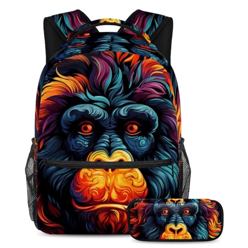 Colorful Monkey Adventure-Ready Essentials, 2-teiliges Kinder-Schultaschen-Set mit großem Rucksack und Federmäppchen für Jungen, Mädchen, Teenager, Mehrfarbig Nr. 05, B：29.4x20x40cm P：19x7.5x3.8cm, von Generisch