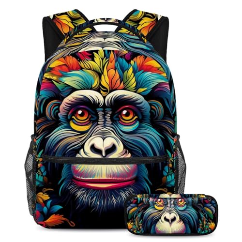 Colorful Monkey Kinder-Schultaschen-Set mit Federmäppchen, Rucksack mit großem Fassungsvermögen, für Jungen, Mädchen, Teenager, 2-teilig, Mehrfarbig Nr. 07, B：29.4x20x40cm P：19x7.5x3.8cm, von Generisch