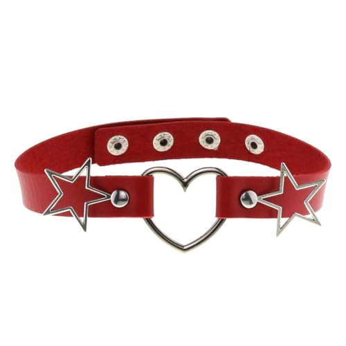 Coole Kunstleder-Choker-Halskette – Punk, verstellbar, Herzform, Metallring, Gothic-Halsband, dekorativer Stern-Mädchen-Choker, Einheitsgröße, Kunstleder von Generisch