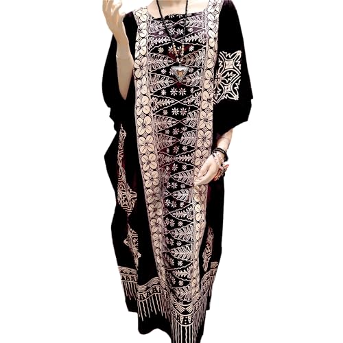 Coolkaftan Damen 100% Baumwolle Sommer Kaftan Kleider Strand Urlaub Cover Up Boho Bohemian Floral Bademode Bikini Robe Batwing Loungewear, Schwarz , Einheitsgröße von Generisch